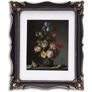 Saysmile 11x14 Vintage Picture Frame with Embossed Flower Design, Black Ornate Frame for 11x14 or 8x10 Pictures with White Mat, Home Decor (Black, 8x10)
