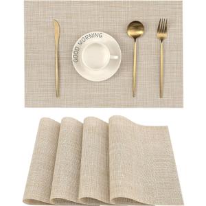 Leetaltree Beige Placemats Set of 4 - Heat Resistant Non-Slip Place mats for Dining Table, Washable Durable PVC Vinyl Woven Table Mats, Beige, 4