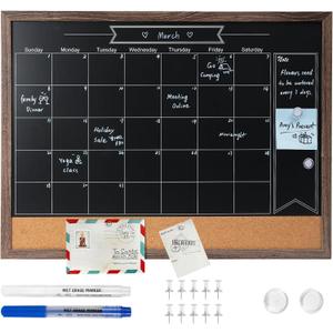ARCOBIS Chalkboard Calendar with Cork Board, 24x18 Inch Wood Frame Bulletin Board for Wall, Magnetic Chalk Calendar Board with Chalk Markers, Push-Pins and Magnets, Grey