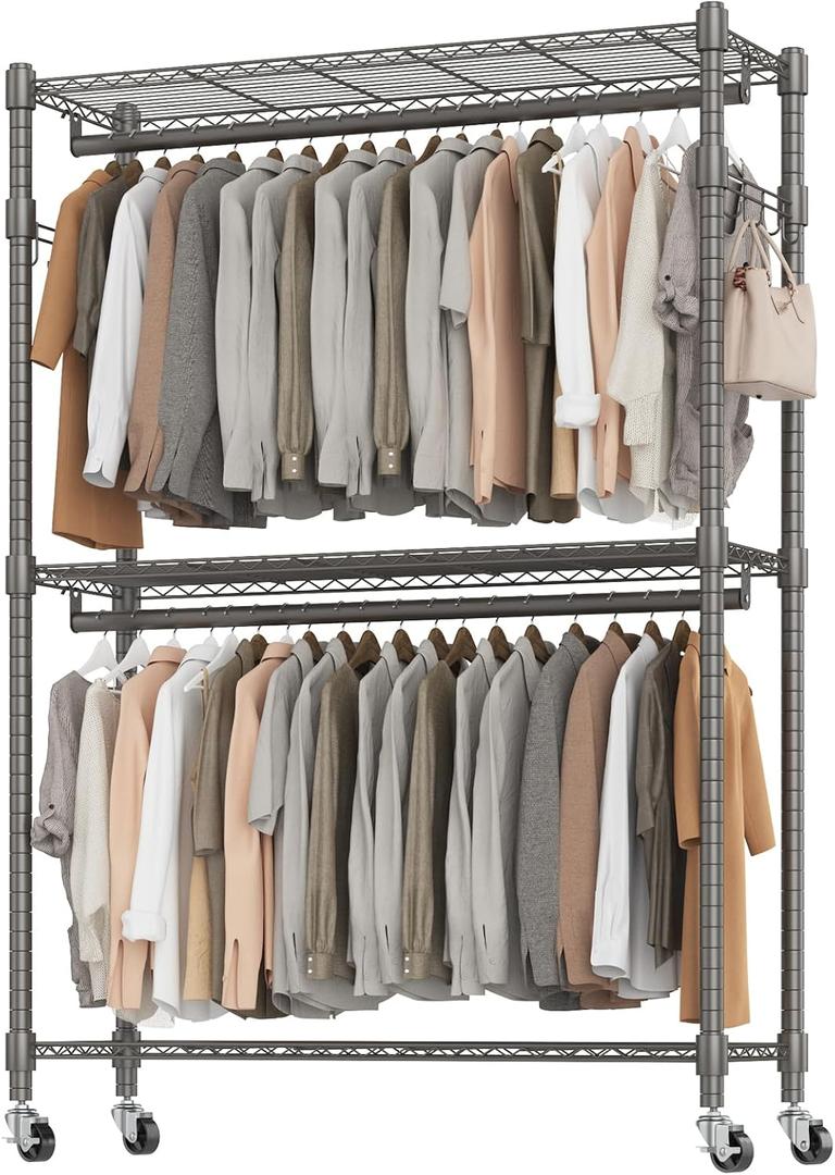 BATHWA Heavy Duty Garment Rack on Wheels, Rolling Clothes Racks for hanging clothes, Simple Sturdy Wardrobe Rack with Double Hanging Rods, 8 Side Hangers, Gray (47.2"W x 17.7"D x 80.7"H)