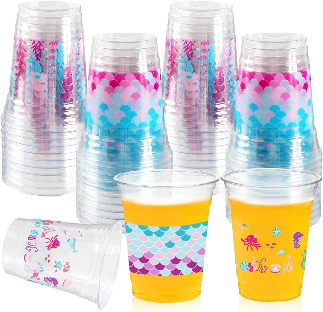 50 Pcs Mermaid Party Decoration Cups, 12 Oz Plastic Drinking Cups Mermaid Birthday Party Decorations for Baby Shower Ocean Summer Birthday Party Favor Decorations Supplies2 Designs