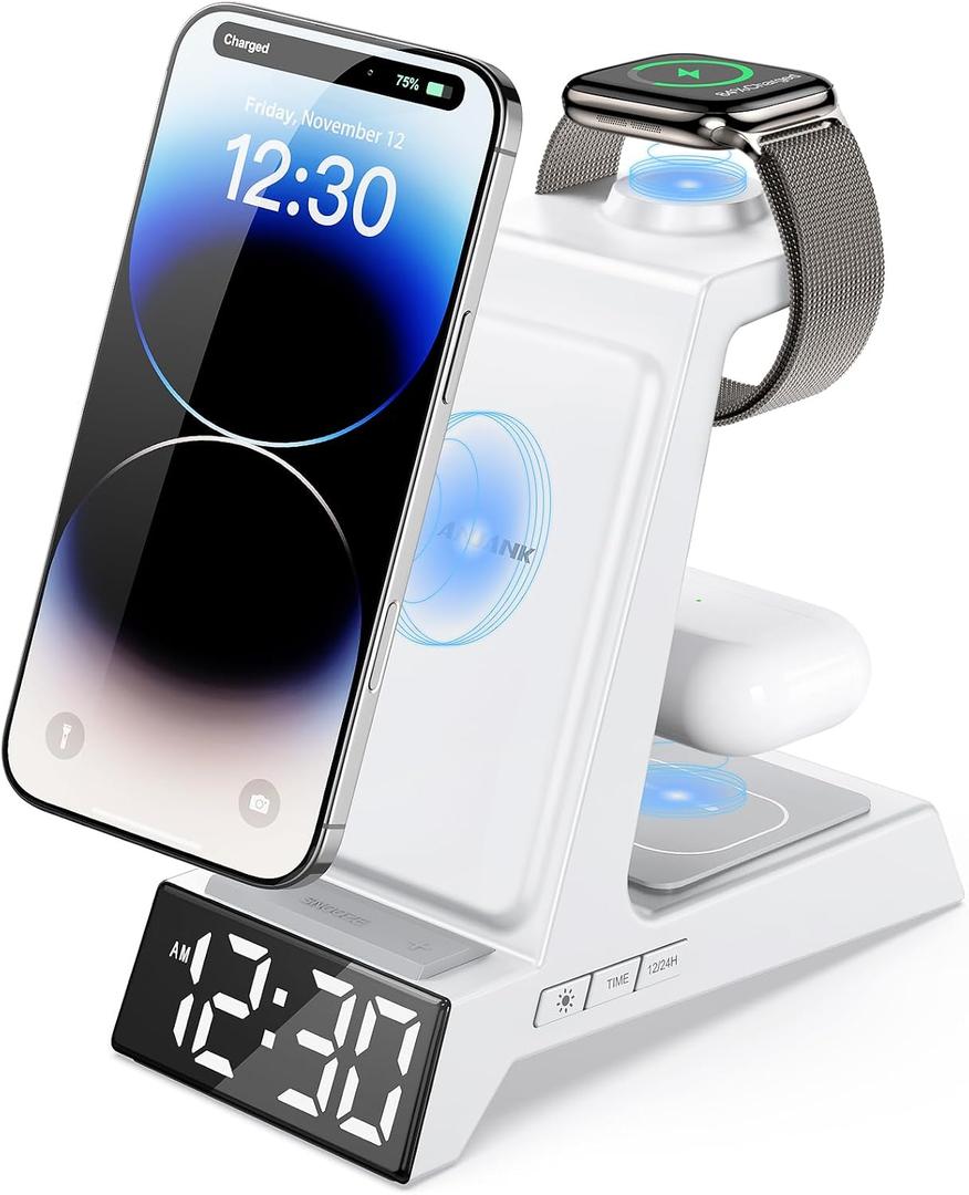 ANJANK 4 in 1 Alarm Clock with Wireless Charging, Wireless Charger Station for Multiple Devices Apple,Charging Dock for iPhone 17 16 15 14 13 12 Pro Max Series, Apple Watch, AirPods Pro 3/Pro 2/4/3/2