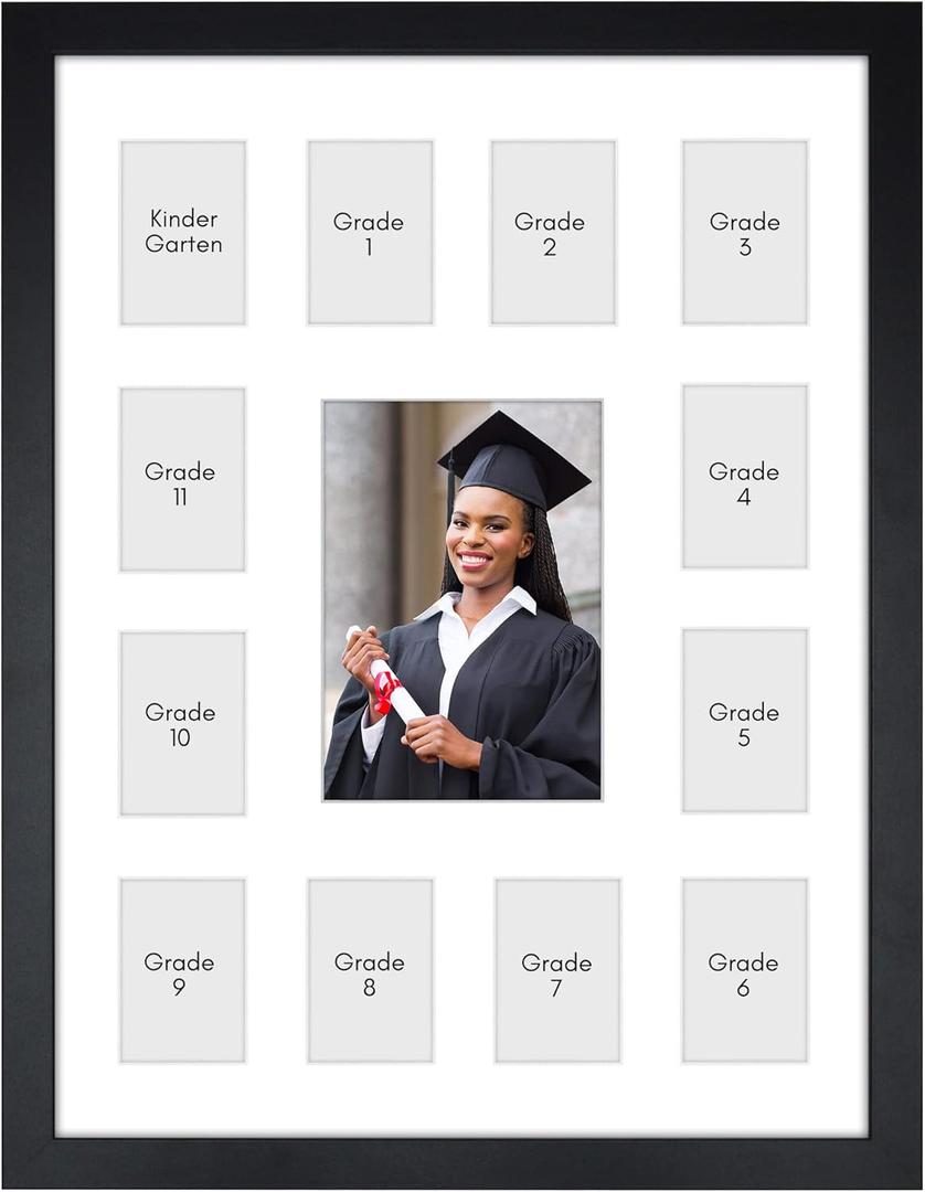 Americanflat 13.5x18 School Picture Frame Pre-K to 12 - Fits Twelve 2.5x3.5 Photos and One 5x7 Photo or Use as One 13.5x18 Frame - Signature Collection - K-12 Picture Frames for Wall Display - Black