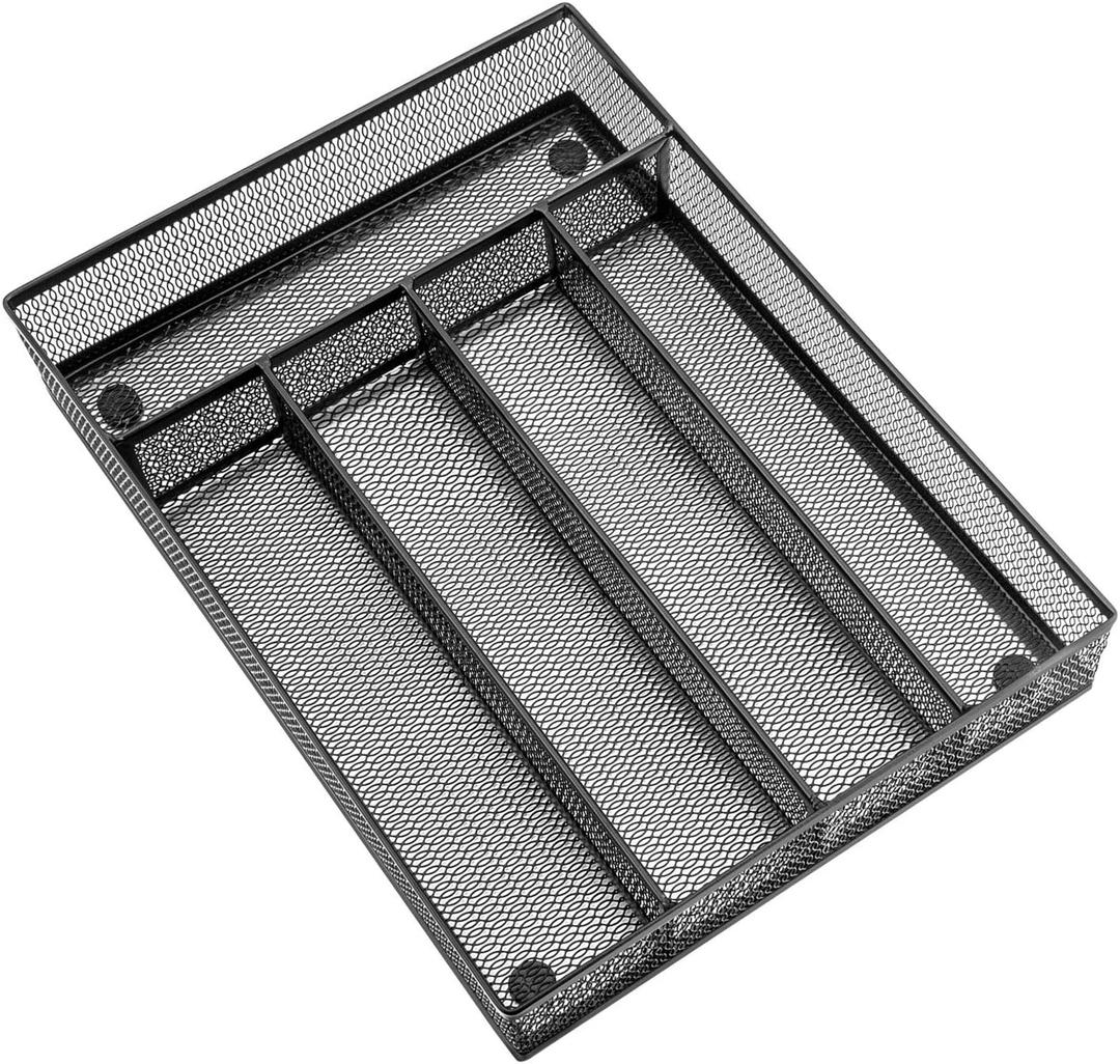 HaWare Utensil Drawer Organizer, Mesh Wire Silverware Organizer Divider for Kitchen, Stainless Steel Cutlery Flatware Storage Tray with Non-Slip Foam Feet, 5 Compartment, 12.5 x 9.2Inch, Black