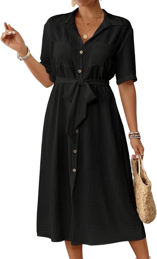 Bsubseach Swimsuit Coverup for Women Button Down Bathing Suit Cover Up with Tie Belt Long Maxi Beach Shirt Dress (Medium, Black)