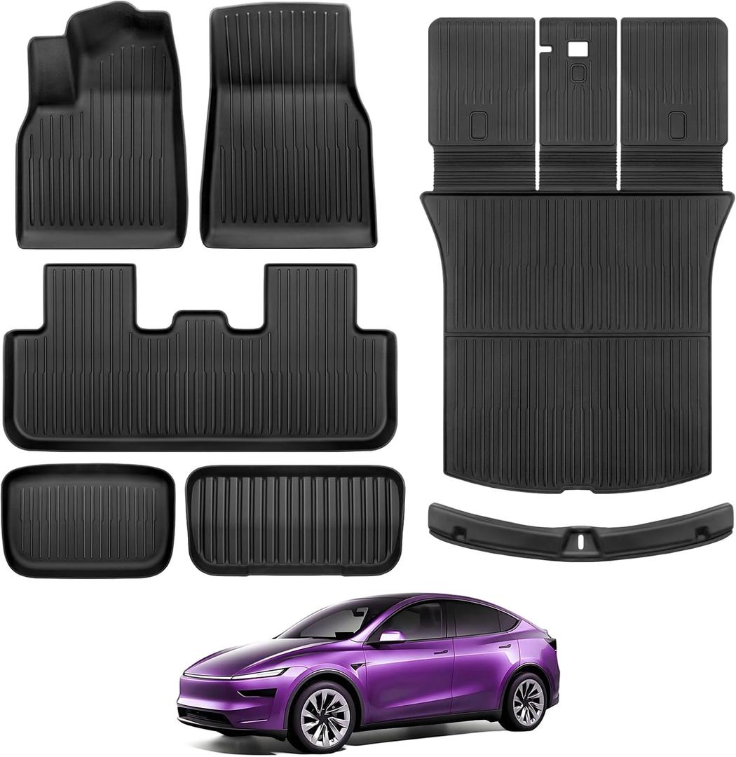 Floor Mats for Tesla Model Y Juniper 2025 2026 5-Seat with Bumper Guard All Weather Floor Mats for Tesla Model Y Juniper Accessories 2025 2026 TPE Trunk Mat with Backrest Mat Black