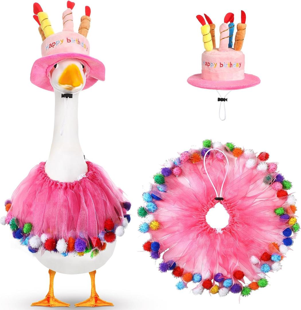 Aliceset Happy Birthday Porch Goose Outfit Lawn Goose Clothes Hat and Tutu Collar Goose Outfits for 23" Cement/Plastic Porch Goose Outdoor Statue Patio Yard Lawn Art (Pink)