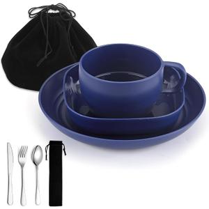 Camping Utensils Set, ReaNea Camping Plates and Bowls Set with Coffee Mug, Travel Cutlery Set Include Spoon, Fork, Knife for Home, Poolside, Outdoor, Picnic, Camp (Dark Blue)