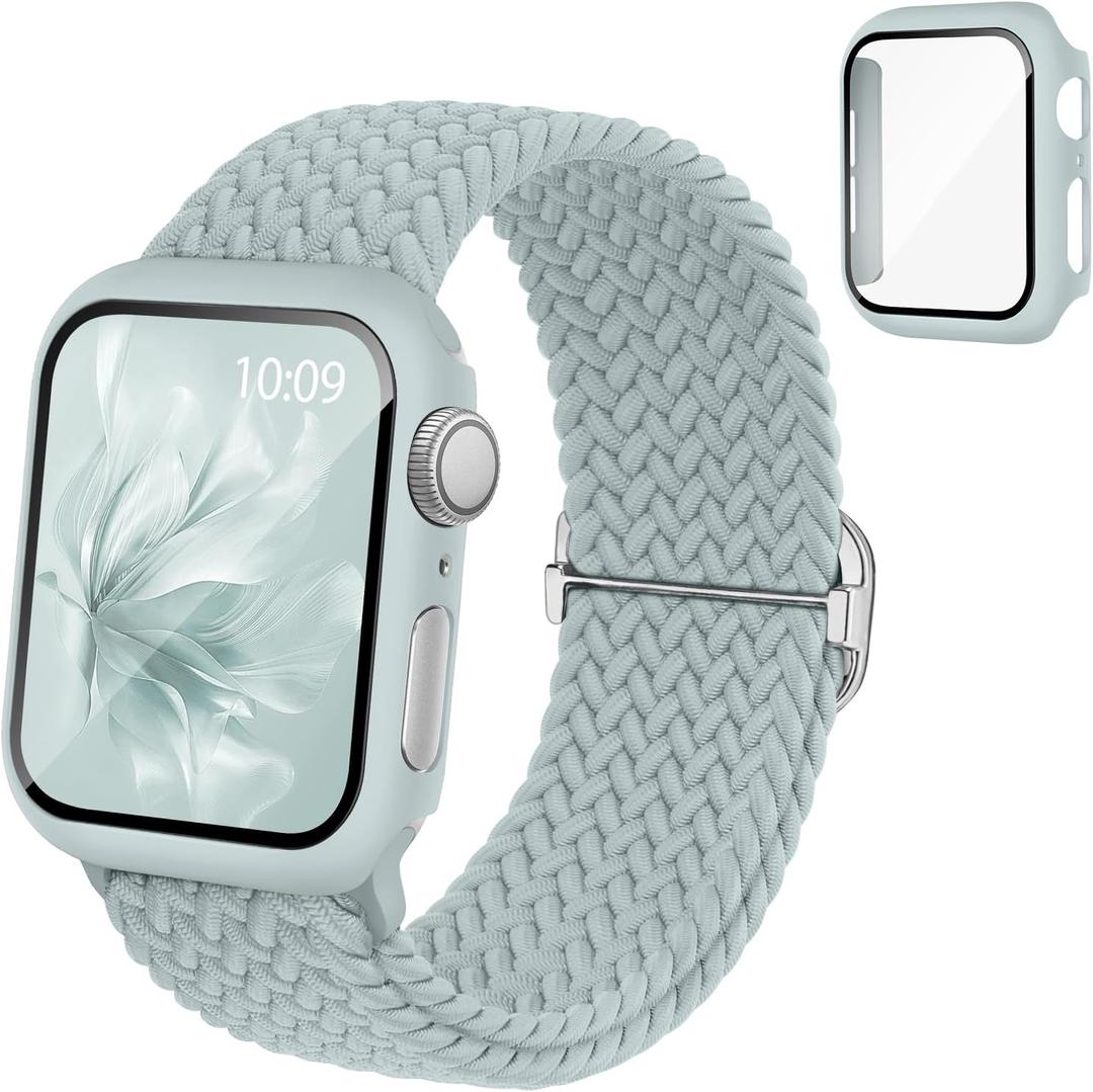 Braided Stretchy Band Compatible for Apple Watch Band and Case 40mm 41mm 42mm 44mm 45mm 46mm, Nylon Elastic Solo Loop and Protective Cover with Screen Protector for iWatch Series 11 10 9 8 7 SE 6 5 4 (Succulent)