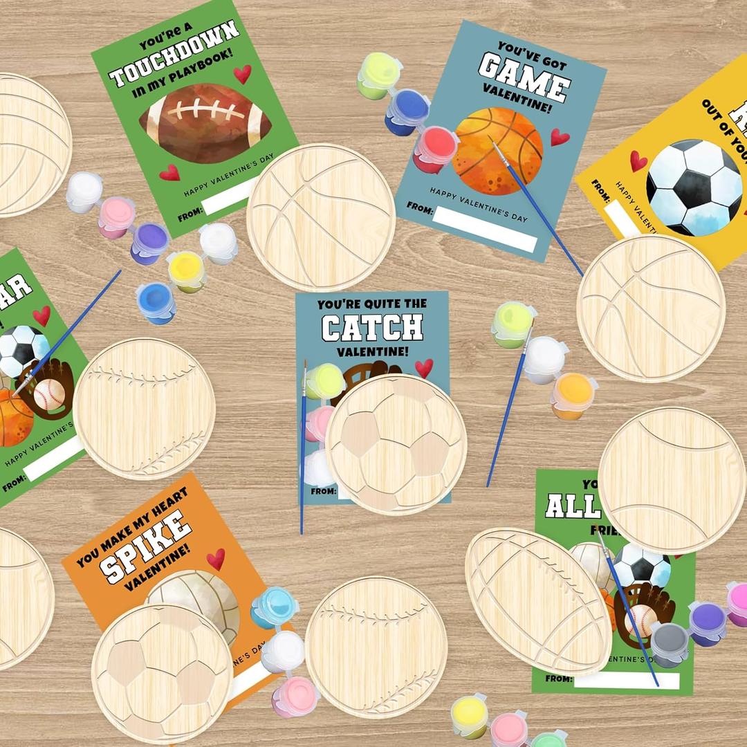 Ertyjikg Valentines Day Gifts for Kids - 28 PCS Valentines Cards Classroom with Art Supplies Sports Wood Painting Craft Kits for Classroom Exchange Valentines Party Favors