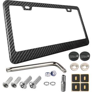 BGGTMO Carbon Fiber License Plate Frame - 100% Real Carbon Fiber Overlays Stainless Steel License Plate Frames | Stainless Steel Anti-Theft License Plate Screws | 1PC Black Gloss Plate Frame