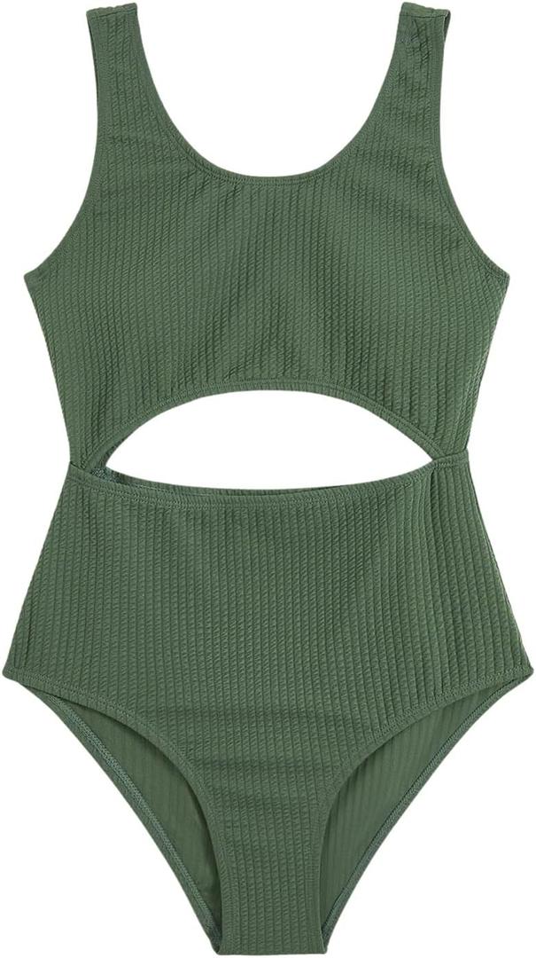 Milumia Girls Swimsuit One Piece Cut Out Bathing Suit Rib Knit Bikini Swimwear Size 9-14Y (Green)