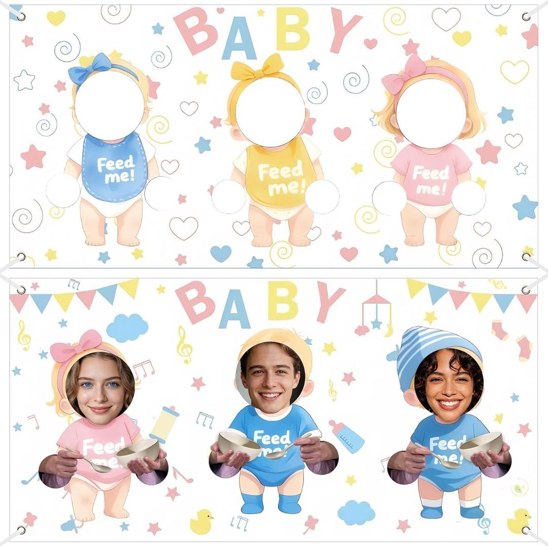 2 Pcs Feed The Baby Game Baby Shower Game Backdrop Funny Baby Shower Juegos Para Blindfolded Feeding Me Game Banner for Gender Reveal Wedding Party Activities for Guests Photo Booth Props