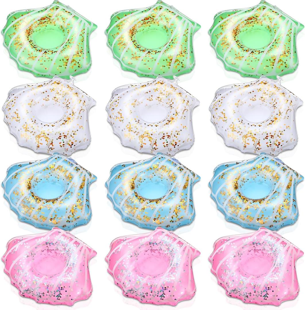 Honeydak 12 Pieces Inflatable Drink Holder Shell Drink Floats Sequin Reusable Inflatable Sea Animal Cup Coasters Pool Cup Holders for Summer Swimming Party Favors Decoration (White,Pink,Blue,Green)