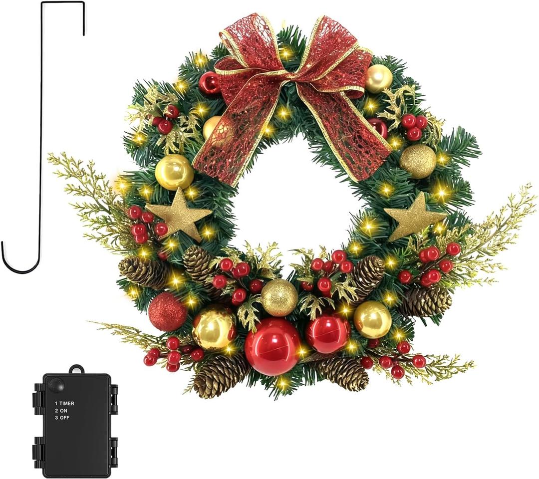 16 Inch Pre-Lit Christmas Door Wreath with Timer & Hanger & 50LED Warm Lights, Decor with Bow & Golden Ball & Star ect., Artificial Christmas Wreath for Door & Window & Fireplace