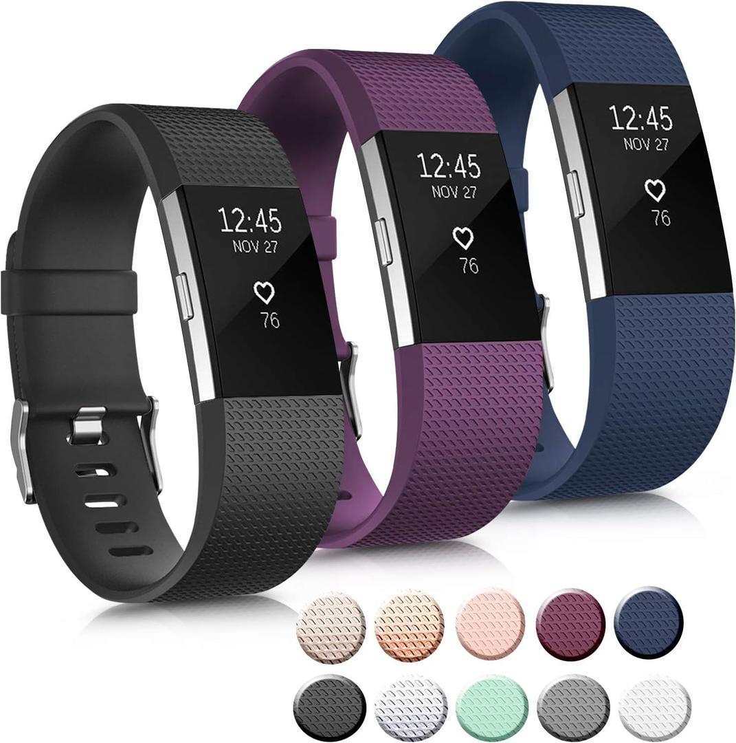 3 Pack Sport Bands Compatible with Fitbit Charge 2 Bands Women Men, Adjustable Replacement Strap Wristbands for Fitbit Charge 2 HR Small Large (Large, Black/Purple/Navy Blue)
