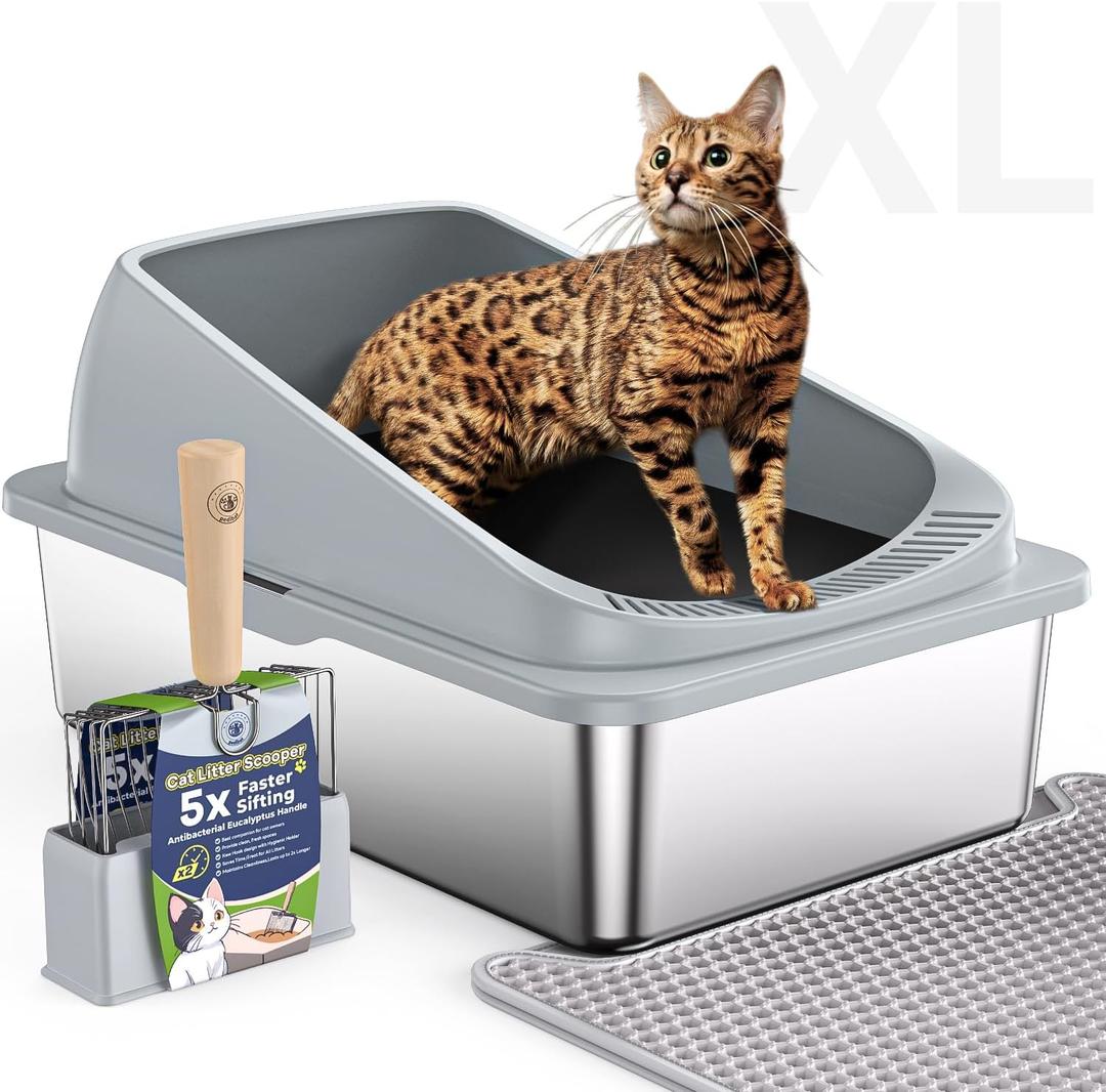 Stainless Steel Cat Litter Box with Scoop, Metal Litter Box High Sided, Cat Litter Box Enclosure, XL Extra Large High-Sided Litter Boxs (Anti-Urine Leakage, Include Scoop) (Grey)