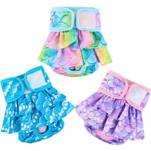 Dog Diapers Female (3 Pack), Reusable Pet Diapers for Female Dogs, Washable Dog Panties Diaper Skirt for Dogs in Heat, Period, Incontinence, or Excitable Urination(Medium, Mermaid)