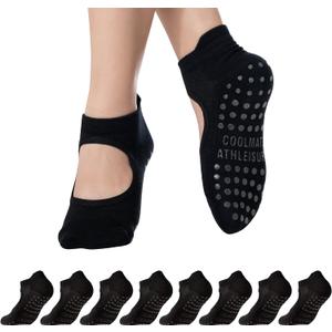 COOLMATE Pilates Socks with Grips for Women, Yoga Socks, Crew Non Slip Women for Barre, Pilates Gifts for Women (Black)