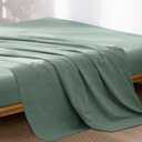 MooMee Flat Top Sheet Only 100% Washed Cotton Linen Like Textured Breathable Durable Soft Comfy (Green, Queen)