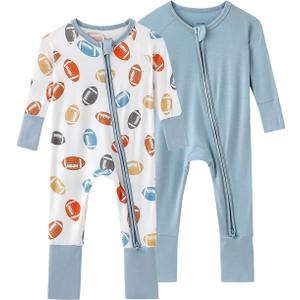 SUZEL Bamboo Viscose Baby Pajamas Boys Girls Zippy Pjs Sleep 'N Play Romper (Football+Dusty Blue, 18-24M)