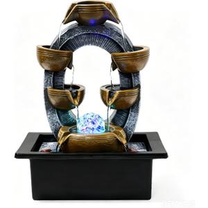 Desktop Water Fountain Indoor:6 Tier Cascading Waterfall with Spinning Orb & Chasing LED Lights, Small Zen Stone Fountain for Office Desk Bedroom Nightstand Relaxation, 13 Inch Tabletop Decor