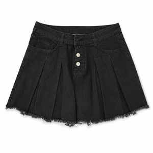 MsavigVice Pleated Jean Shorts for Women Stretch Distressed Frayed Raw Hem Casual Mini Black Denim Shorts Skorts with Pockets, Black