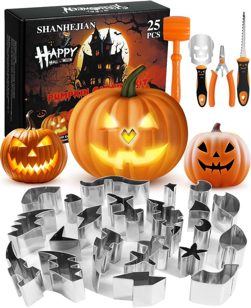 Pumpkin Carving Kit, 21 Pcs Stainless Steel Pumpkin Carving Stencils with 4 Halloween Carving Tools, Easy Safe and Durable for Kids Adults