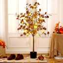 1 Pcs 4ft Lighted Fall Eucalyptus Leaves Branches Artificial Autumn Ficus Fall Long Silver Dollar Leaves Fake Silk Eucalyptus Stems with Lights Faux Tree Decor for Porch Front Outdoor