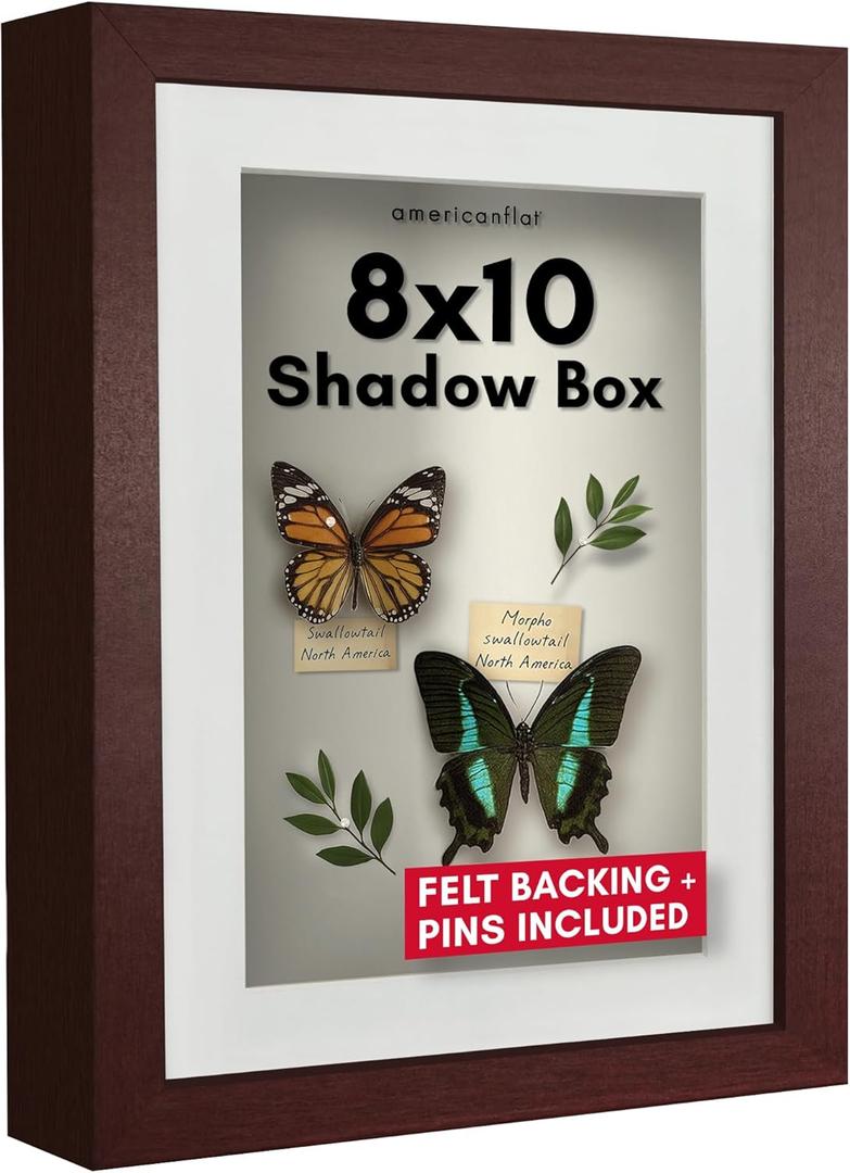 Americanflat 8x10 Shadow Box Frame with Shatter-Resistant Glass - Use as 6x8 Frame with Mat or 8x10 Without Mat - Silhouette Collection - Mahogany with Soft Felt Back