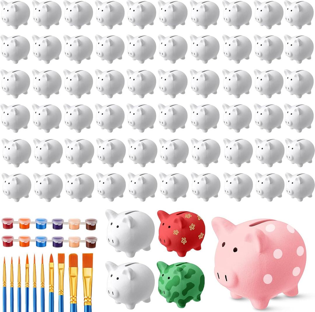 12 Pcs DIY Ceramic Piggy Banks Pig Coin Banks Xmas Gift Unglazed White for Boys Girls with 2 Paint Strips 10 Brushes Money Birthday Home Festival Fun Activities Gift