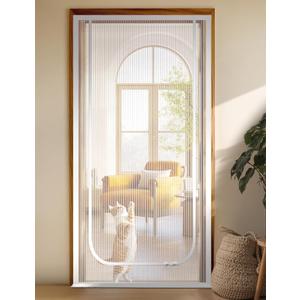 BFNN Cat Screen Door, Extra Tall Cat-Proof Mesh Gate, Fit Door Size 30'' x 80'', Anti Scratch Mesh with Zipper Closure, for Living Room, Kitchen, Bedroom (White, U-Shaped)