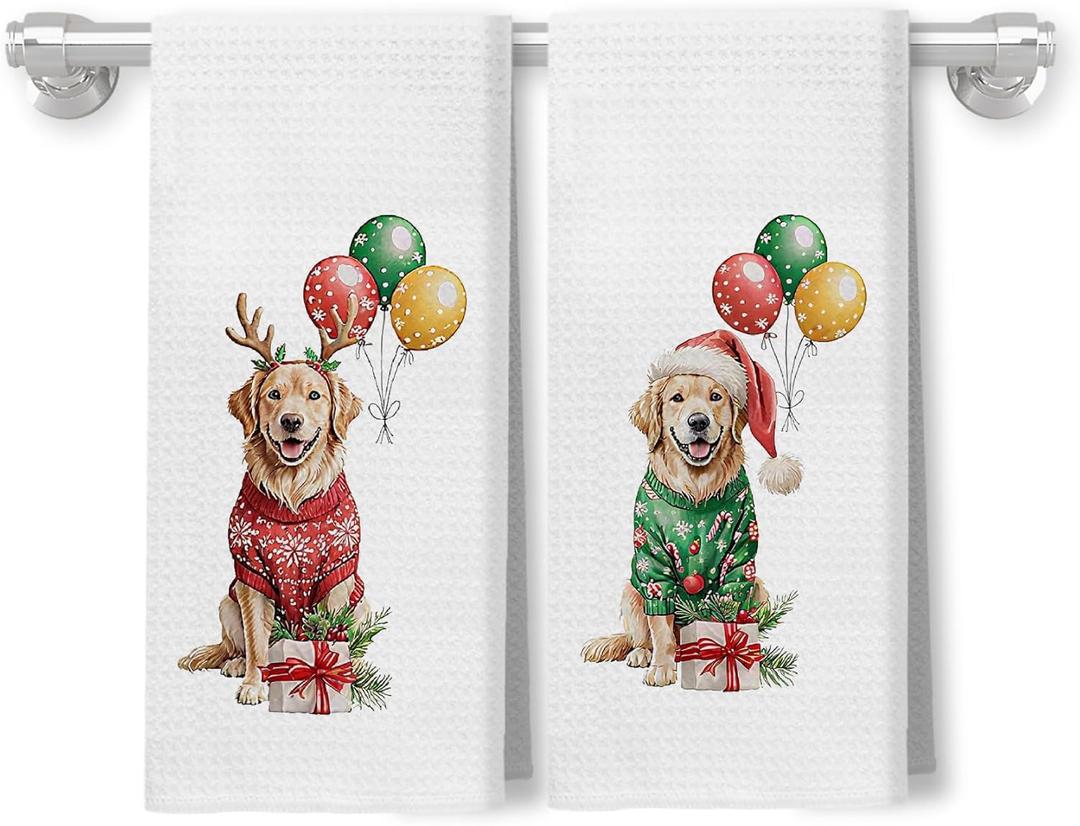 Christmas Golden Retriever Kitchen Towels Decorative, Gifts for Golden Retriever Lovers Hand Tea Towels for Bathroom, Christmas Dog Lover Gifts Dish Towel Drying Cloth, 16x24 Inch Set of 2 (Color 04)