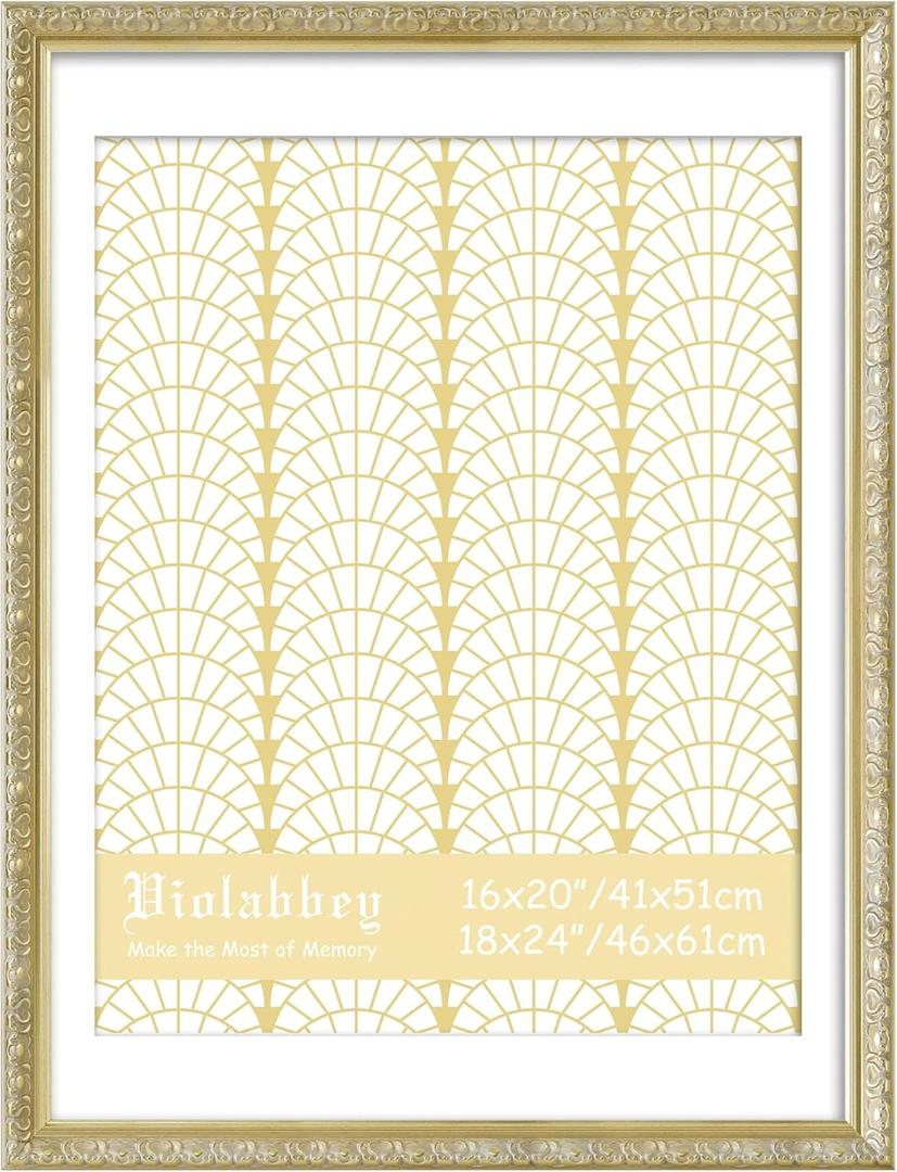 VIOLABBEY 18x24 Picture Frame Gold, Display 16x20 Picture with Mat or 18x24 without Mat, Ornate Vintage 18 x 24 Gold Frame for Wall Decor or Tabletop Display