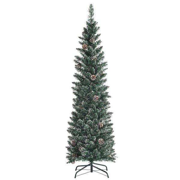 5 ft. Green Unlit Flocked Pencil Artificial Christmas Tree with w/Pine Cones