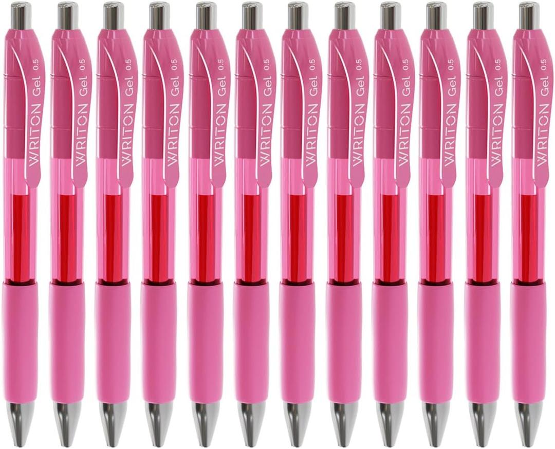 Writon Retractable & Refillable Gel Pens, Comfort Grip, 0.5mm Fine Point, Pink Ink, 12 Pack