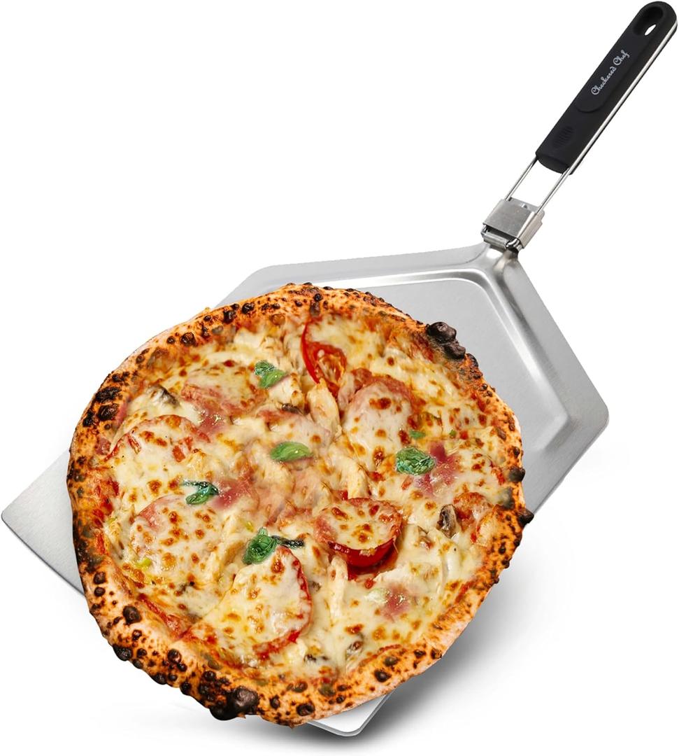 Checkered Chef Pizza Peel - Extra Large, Stainless Steel Metal Pizza Paddle with Folding Handle, Outdoor Pizza Oven Accessories - 13 Inch x 15 Inch