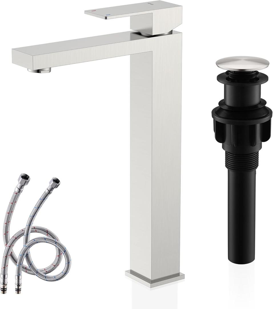 KENES Brushed Nickel Vessel Sink Facuet Single Handle Tall Bathroom Sink Faucet Vanity Bathroom Faucet Basin Mixer Tap with Water Supply Hose and Pop Up Sink Drain, LJ-9031A