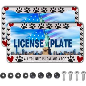 License Plate Frames Black, White, and Red License Plate Frame All You Need is Love and a Dog Universal Aluminum Car Accessory 2 Pack with Screw Covers Set