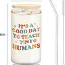 2 x Teacher Glass Cup with Lids and Straws 14oz, Back to School Teacher Gifts, Kindergarten Teachers Appreciation Gifts Glass Iced Coffee Tumbler Drinking Jars with Cleaning Brush