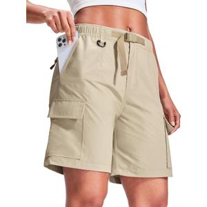 Haimont Women's 7 Inch Hiking Cargo Shorts with Belts Elastic Waist Nylon Quick Dry Water Resistant Camping Travel Trekking, L