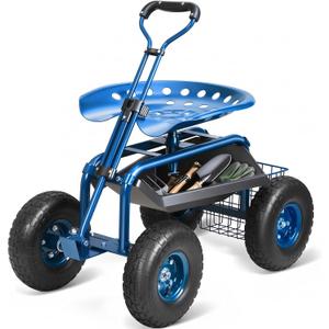 VEVOR Garden Cart Rolling Workseat with Wheels, Gardening Stool for Planting, 360 Degree Swivel Seat, Wagon Scooter with Steering Handle & Utility Tool Tray, Use for Patio, Yard, and Outdoors, Blue