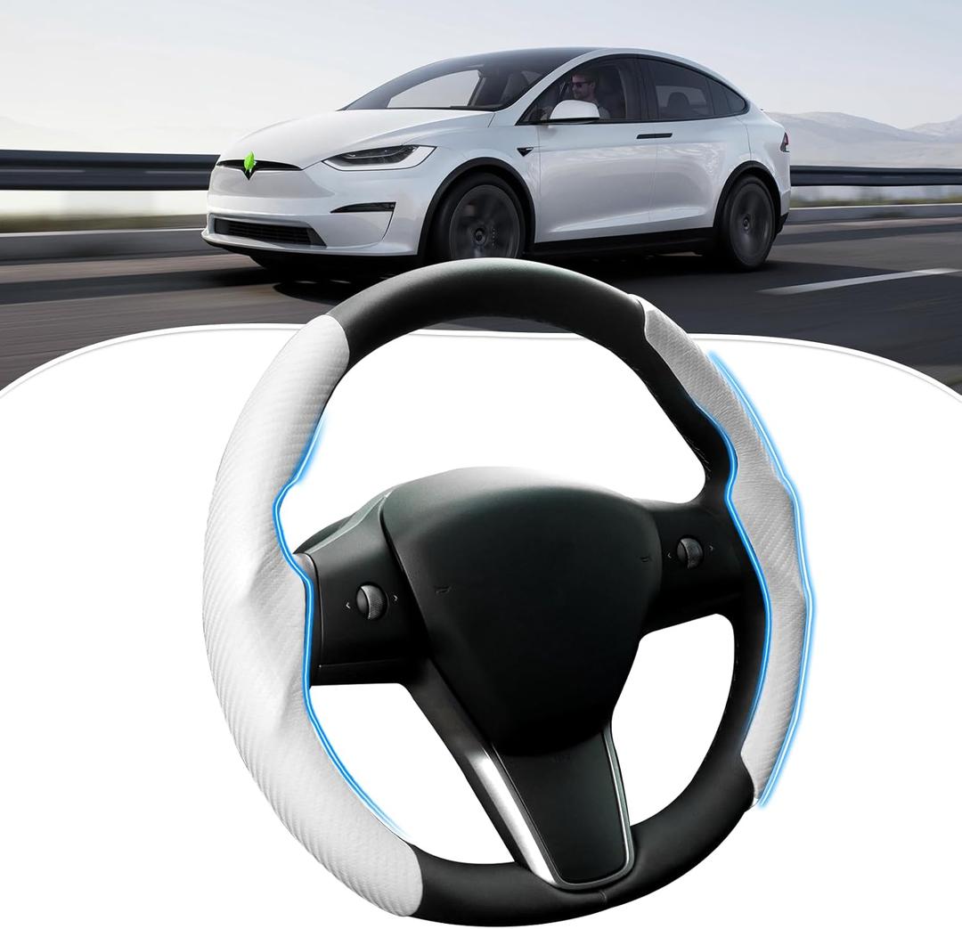 Canvcle Steering Wheel Cover for Telsa Model 3/Y 2016-2025 2026 Highland/Juniper Accessories Carbon Fiber Steering Wheel Cover Protector Non-Slip, Comfortable, Breathable, Model 3/Y Accessories, White