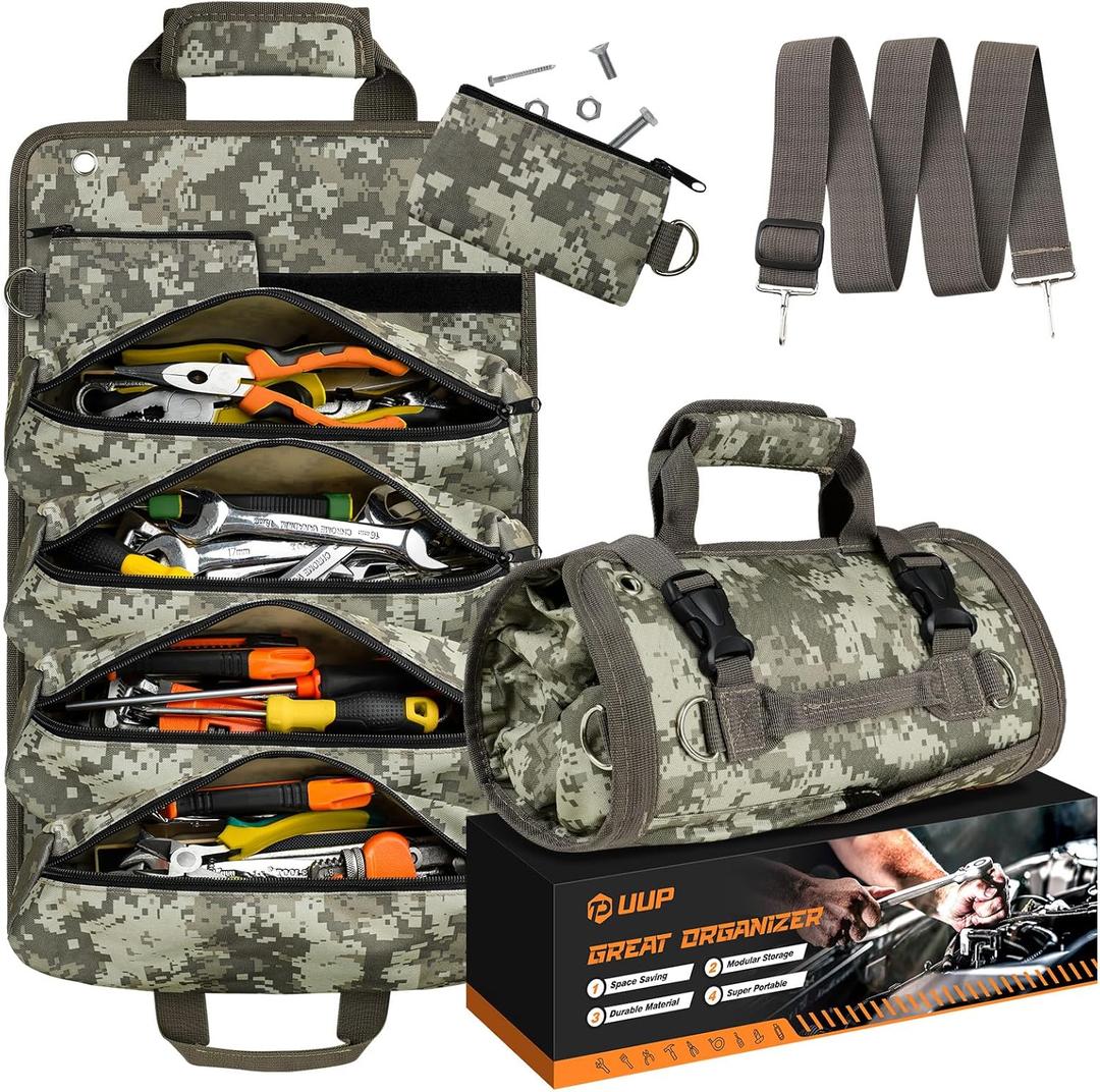 Tool Bag Roll Up, UUP Heavy Duty Rolled Empty Tool Storage Organizing, Portable Tool Roll Container with 2 Detachable Pockets, Folding Tool Holder, Father Day Dad Men Electrician Gift, Camouflage