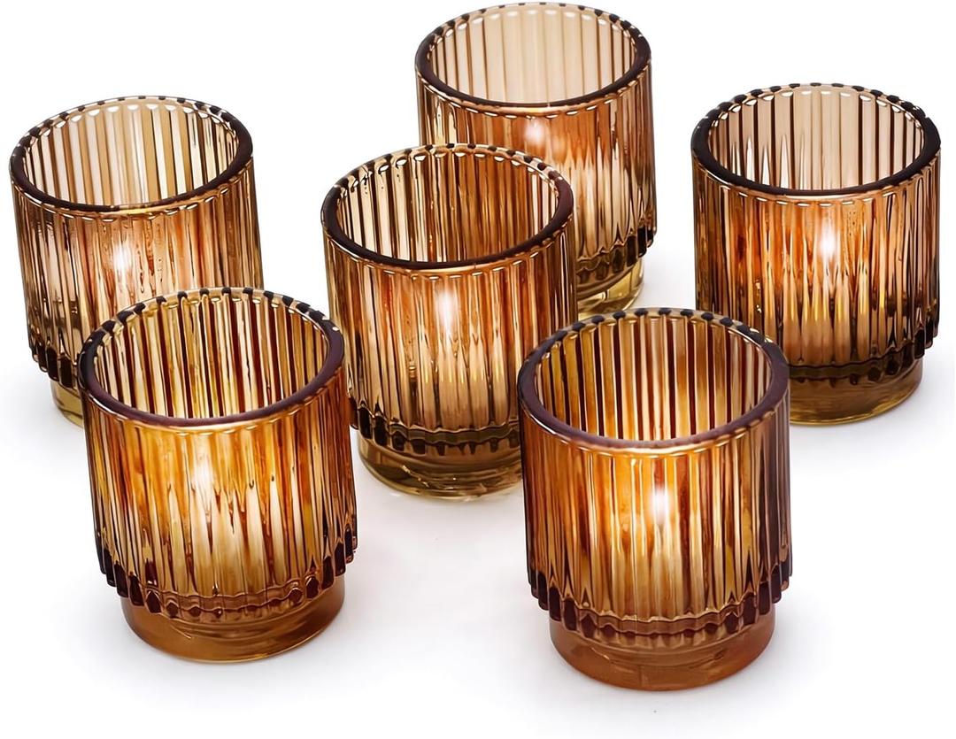 Kate Aspen Vintage Glass Tealight & Amber Votive Candle Holders (Set of 4) Rustic Fluted Candle Holder Set, Boho Home Decor, Wedding Table Centerpieces, Farmhouse Kitchen Table Decor