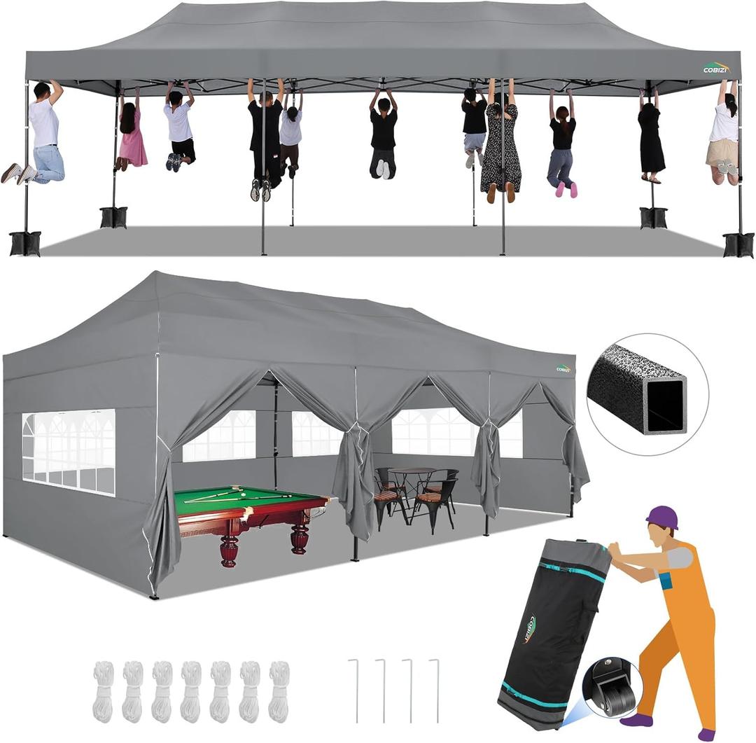 COBIZI 10x30 Pop up Canopy Tent 10x30 Canopy with Sidewalls, Heavy Duty Party Tent Tents for Parties, Foldable UPF 50+ Waterproof Commercial Ez up Canopy with Roller Bag, Grey(Windproof Upgraded) (Gray)