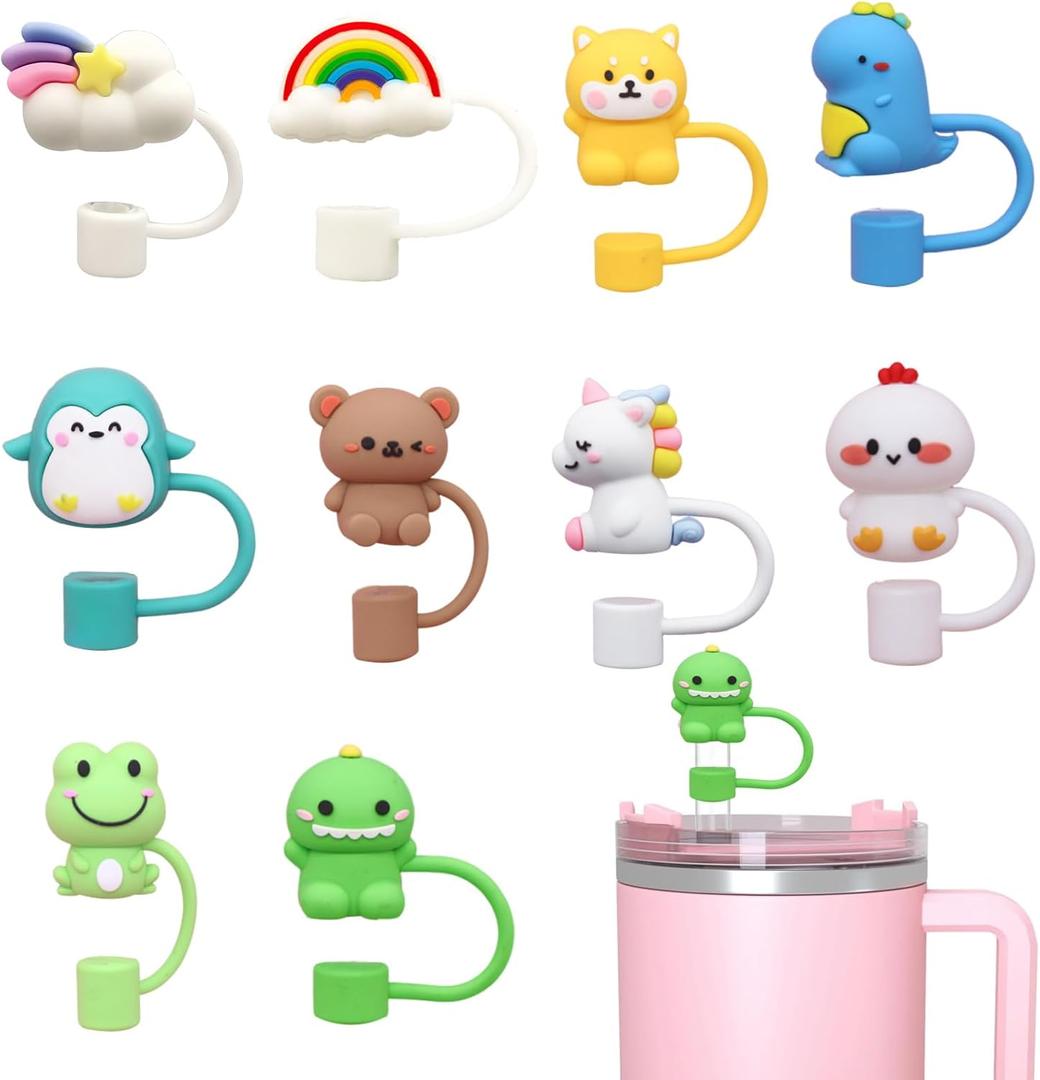 10 Pcs Silicone Straw Cover Cap for Stanley Cup, 10mm 0.4 Inch Cute Cartoon Straw Toppers for Tumblers, Straw Caps for Stanley Cups, Water Bottle Straw Cover for Yeti Water Bottle