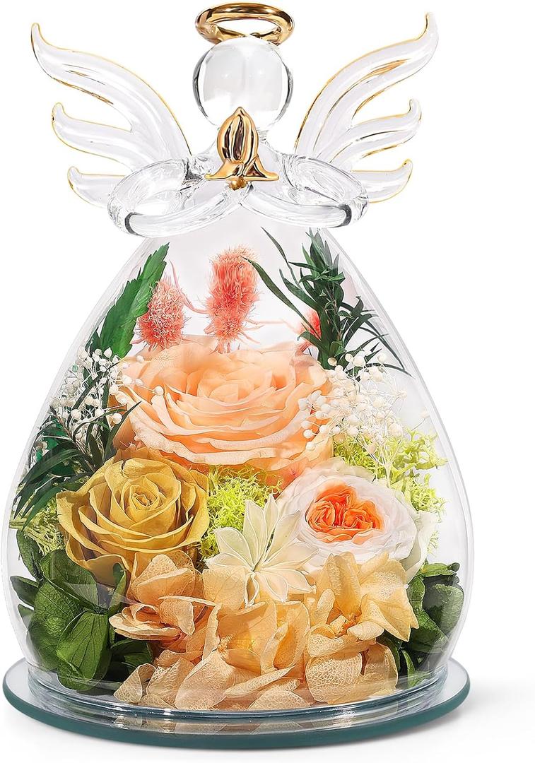Gifts for Women Birthday Preserved Rose Forever Flower in Glass Angel Figurines Fresh Flowers for Delivery Prime for Mom Real Colorful Roses for Grandma Sister Wife Her from Daughter (Champagne (Rose, Austin, Baby's Breath, Hydrangea))