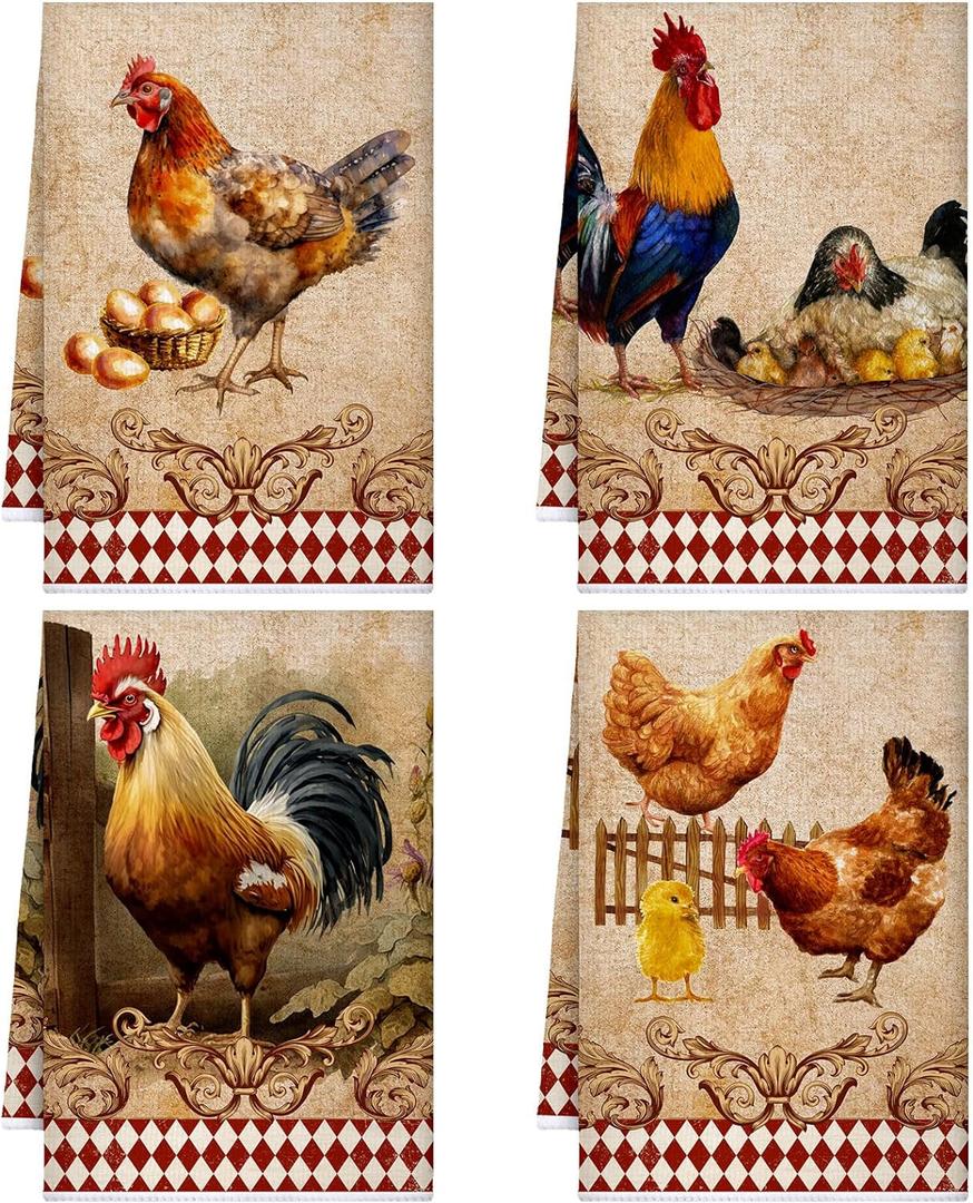 Geyoga 4 Pcs Chicken Kitchen Towels Rooster Dish Hand Towels Farm Animal Cow Vintage Rustic Tea Cloth for Spring Easter Bathroom Farmhouse Decor Gifts, 16 x 24 Inch(Classic Color,Rooster)