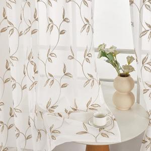 Sheer Curtains 2 Panels Set, Decorative Embroidered Leaf Design, Rod Pocket Light-Filtering Window Treatments for Living Room Bedroom, 54" W x 84" L